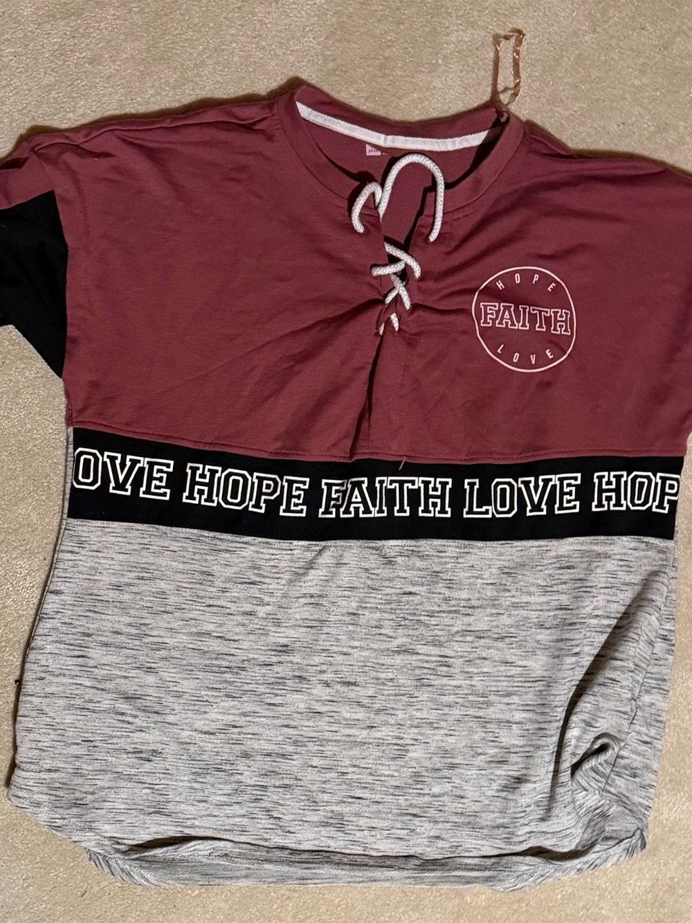 Xersion Lace-Up Colorblock Tee - Maroon, Black & Heather Gray